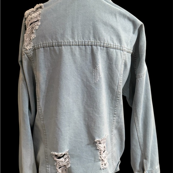 DAVI & DANI Pearl Embellished Oversized Distressed Denim Jacket - Picture 4 of 5